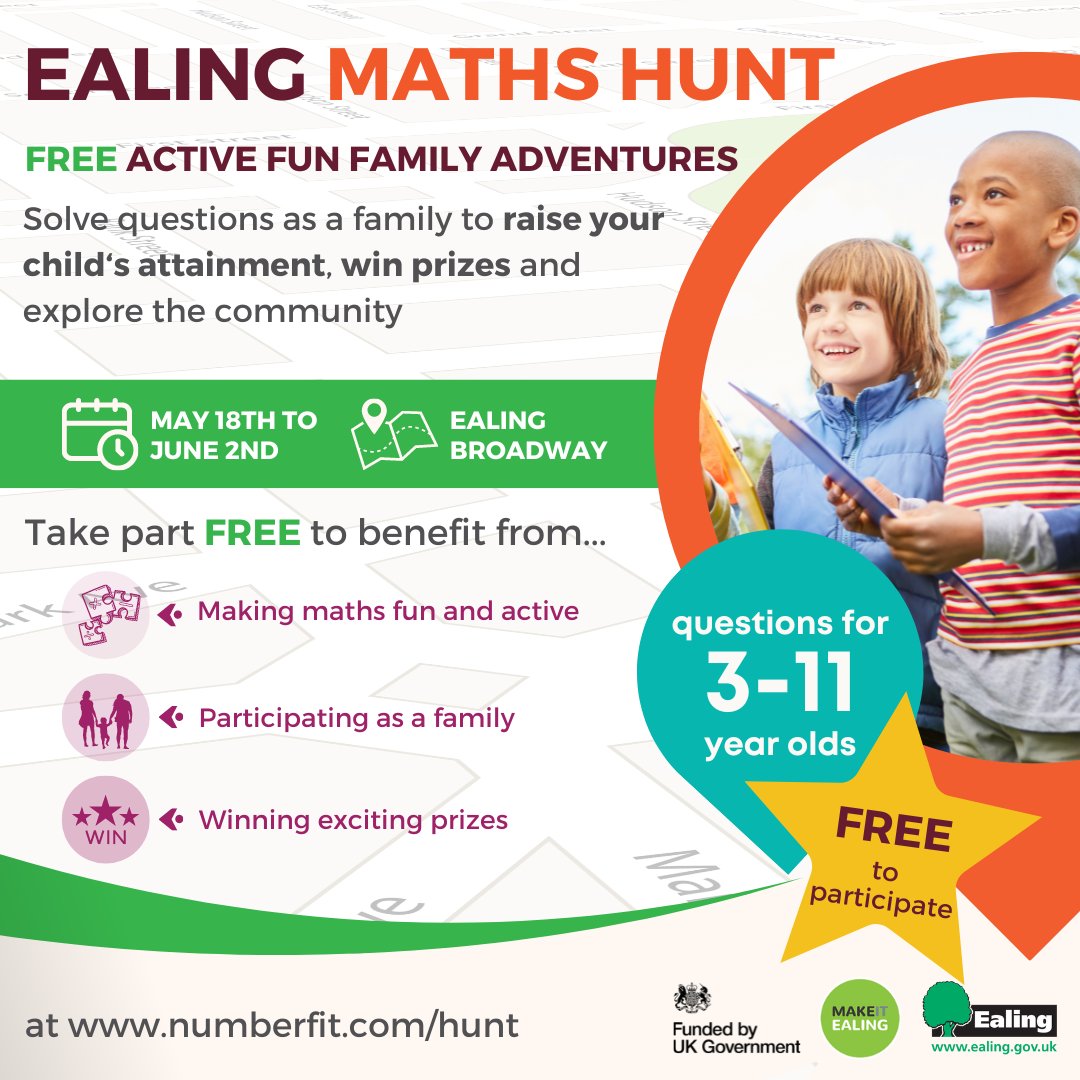 🔍🧮 Join the #Numberfit Ealing Maths Scavenger Hunt for 3-11 year olds! From May 18th to June 2nd, bring friends and family for a fun, educational experience. Win prizes and a trophy for the best school!
#familygames #ealingbroadway #education #learningthroughplay #maths #ealing