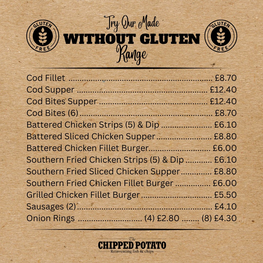 To all our gluten free foodies, here at the Chipped Potato, we believe you shouldn’t have to compromise on quality, taste or great food!

Order online or call the shop to place your order.
#glutenfree #food #yummyfood #nifood #chippy #celiac #nocompromise #lisburn