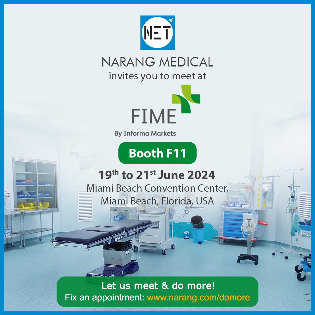 We are thrilled to invite you to visit Narang Medical at Booth No. F11 during FIME 2024, scheduled from June 19th to 21st, 2024, at the Miami Beach Convention Center in Miami Beach, Florida, USA. 
narang.com | ortho.in