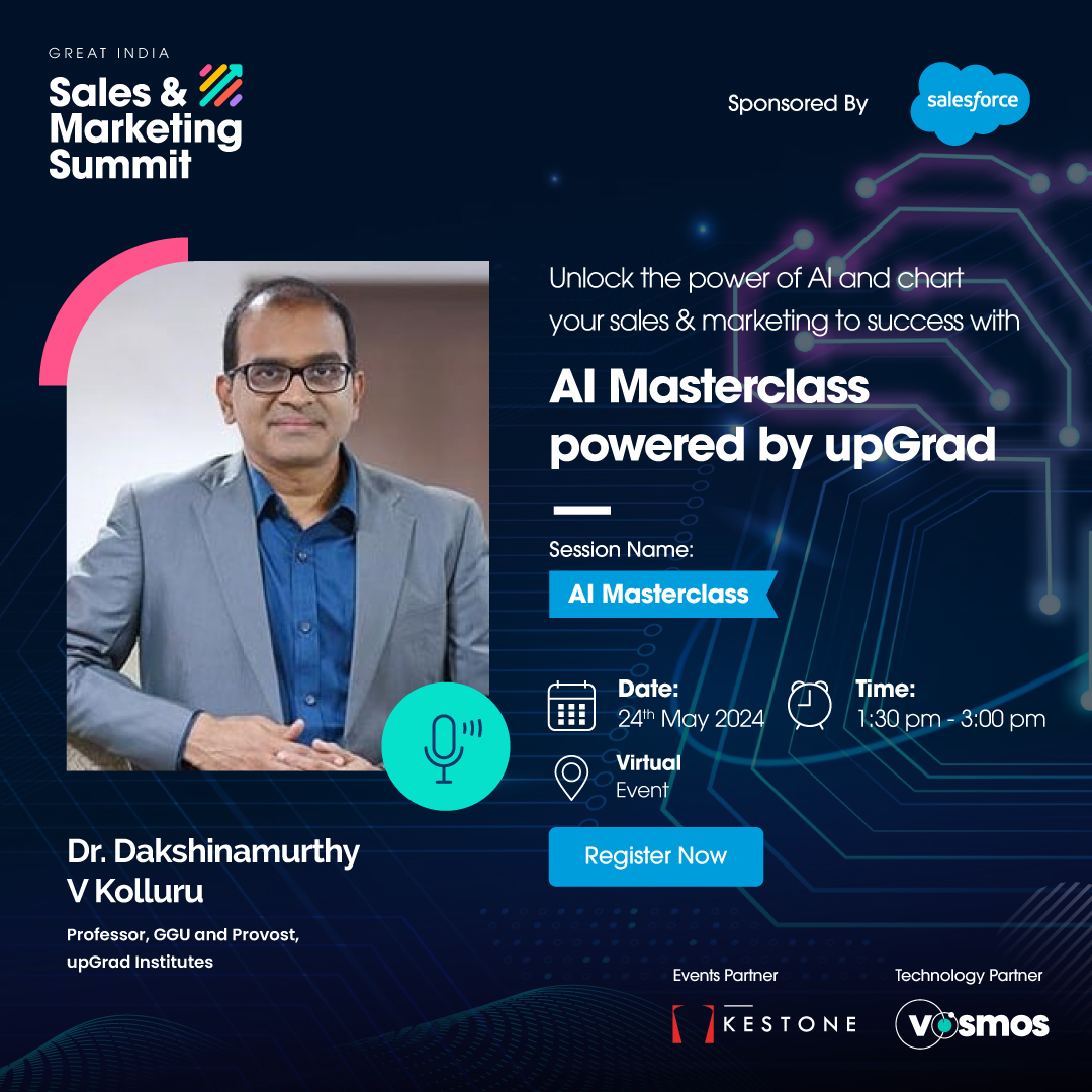 Join us for an enlightening session powered by upGrad! Catch Dr. Dakshinamurthy V Kolluru LIVE at India's biggest sales and marketing event. Register now: bit.ly/4a9BhjN 📅 24th May 2024 ⏰ 01:30 pm - 03:00 pm #upGrad #GreatIndiaSummit #Salesforce #GISMS #GISMS2024