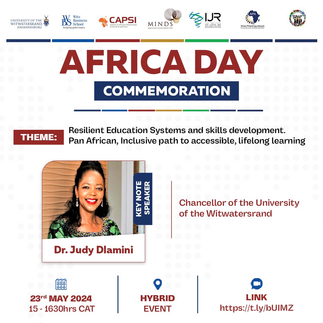 💡Africa Day Commemoration 2024 Speaker Spotlight 📣Dr. Judy Dlamini 📌Theme: Resilient Education Systems and skills development. Pan African, Inclusive path to accessible, lifelong learning. 🗒23 May 2024 ⏰1500hrs CAT 🔗Registration Link: zoom.us/webinar/regist…