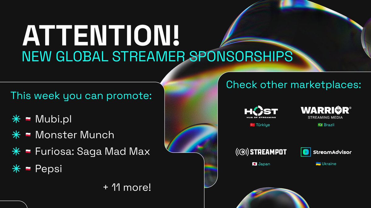 inStreamly's tweet image. With May wrapping up, discover sponsorships from cinema, tasty treats, epic sagas, and refreshing drinks, among many others, on inStreamly and our global partner platforms! 🎉 

Check your Streamer Panel now! 💰🌟

🚗 @mubi_pl
👻 #MonsterMunch
⏳ @MadMaxMovie
🥤 @pepsi
