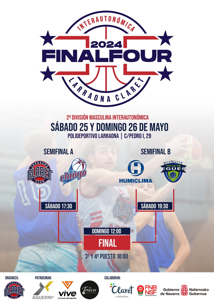 Este fin de semana no te puedes perder la Final a Cuatro de la categoría Senior 2ªDivisión Interautonómica. #AguerriClaretLarraona se enfrentará el sábado a las 17:30 a <a href="/CBCLAVIJO/">Club Baloncesto CLAVIJO</a> ¡¡¡Queremos las gradas llenas!!!
<a href="/FNBaloncesto/">Federación Navarra de Baloncesto</a> #larraona #claret #pamplona #navarra