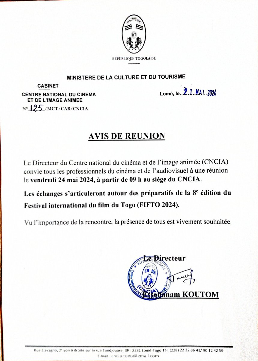 fifto_tg's tweet photo. 📢🎬 Acteurs du cinéma togolais, rendez-vous au siège de la CNCIA le 14 mai 2024 pour une rencontre inspirante ! 🎥🌟 Ne manquez pas cette opportunité de connecter et de collaborer ! #CinémaTogo #Rencontre https://t.co/Y8y1GUJbV9