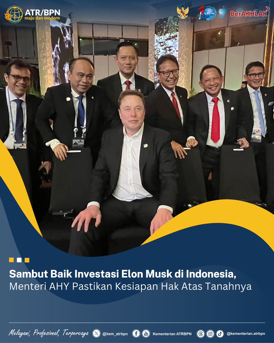 kem_atrbpn's tweet photo. Sambut Baik Investasi Elon Musk di Indonesia, Menteri AHY Pastikan Kesiapan Hak Atas Tanahnya

Cek berita selengkapnya https://t.co/YG7pjnmtnW

#AHYMenteriATR
#KementerianATRBPN
#MelayaniProfesionalTerpercaya
#MajuDanModern
#MenujuPelayananKelasDunia
#SetiapKitaAdalahHumas https://t.co/ol1CUePny0