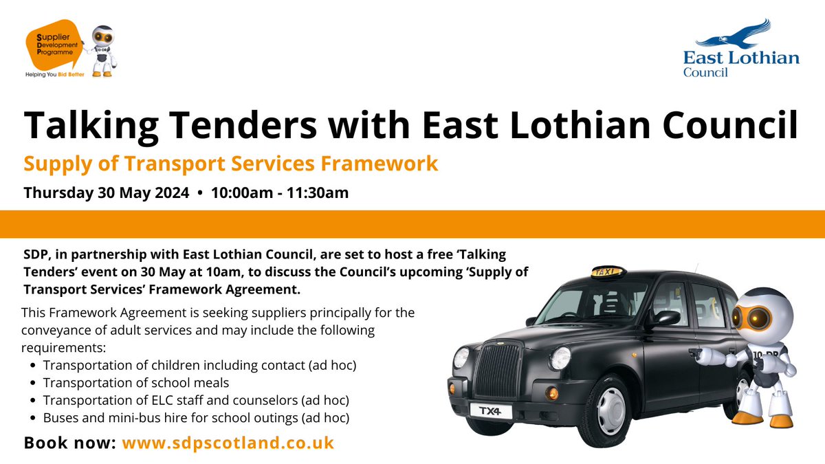 Could you provide #Transport services to <a href="/ELCouncil/">East Lothian Council - news and information</a>? The Council is seeking suppliers for the transportation of children, councillors, staff &amp; more...
Want to learn more about this upcoming #Framework? Join a free 'Talking Tenders' webinar on 30 May: bit.ly/3QvxxCp