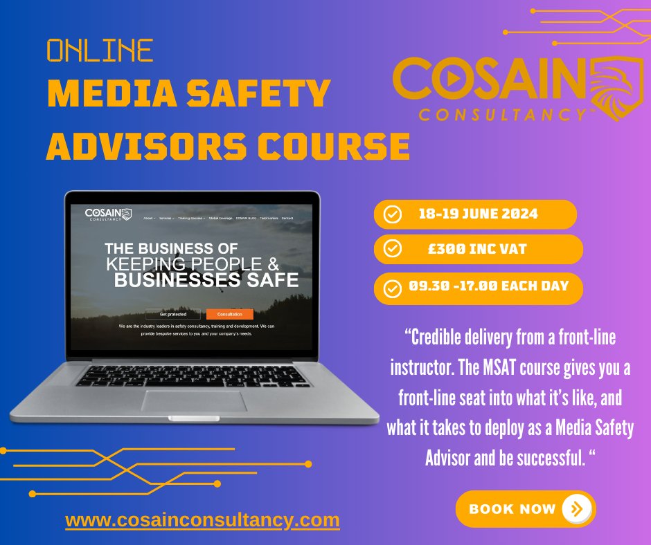 The next Cosain Media Safety Advisors Training Course is scheduled for June 18-19 2024.
Engage in the enriching experience from the comfort of your own space, as the course is ONLINE 
cosainconsultancy.com/product/cosain…