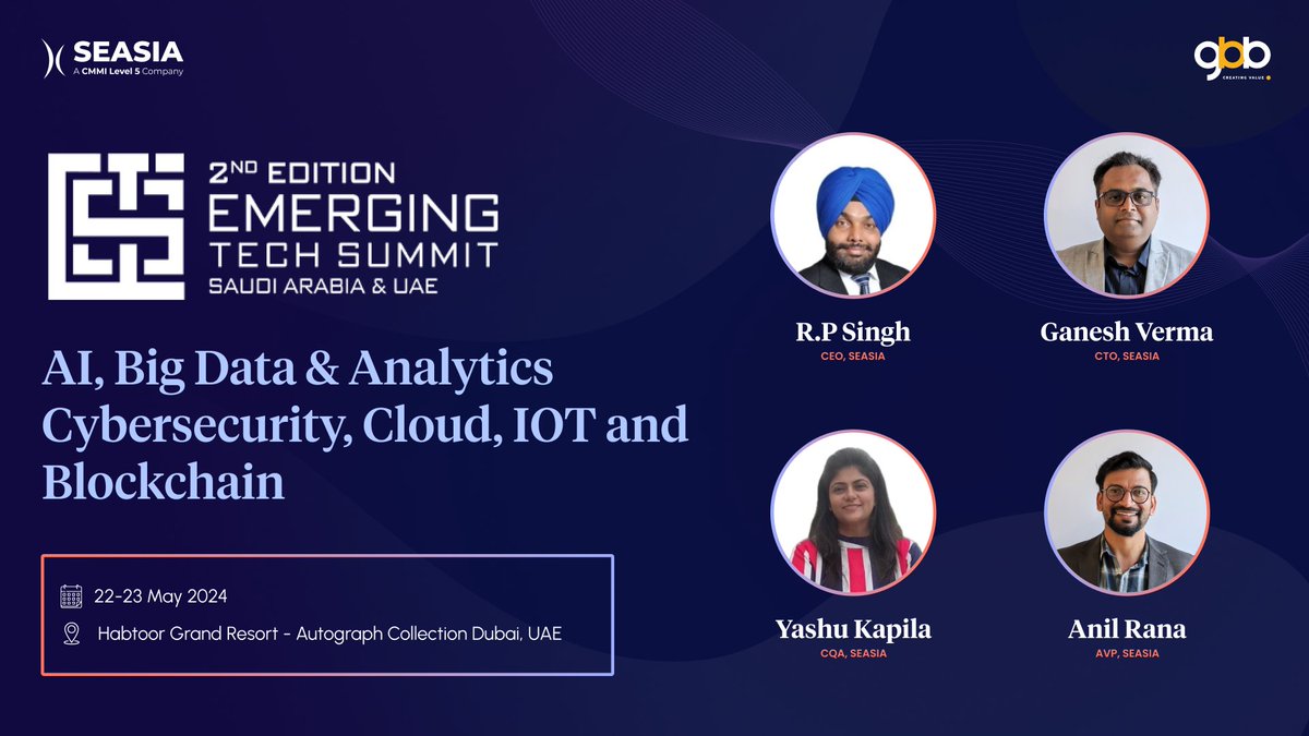 Seasiainfotech's tweet photo. #SeasiaInfotech's executive team is excited for the 2nd #EmergingTechSummit in #SaudiArabia &amp; #UAE! We're ready to explore the latest in #AI, #Cloud, #Cybersecurity, and more with industry leaders. Stay tuned for insights and future #tech glimpses! @emergingtechsummit https://t.co/DulpQsBwGA
