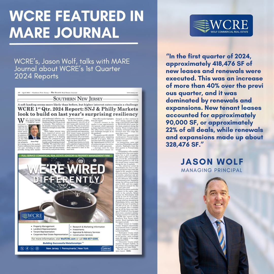 WCRE’s Jason Wolf was recently featured in the MARE Journal, sharing insights of the first quarter of 2024 and shedding light on the resilience of South Jersey and Philadelphia.
 
Read the full article here: buff.ly/3K6fBdH

#CRE #Economy #QuarterlyReport #SouthJersey