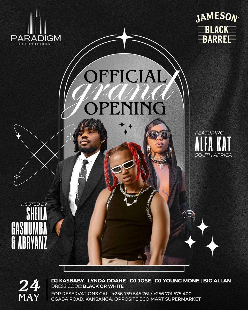 AbryanzOfficial's tweet photo. Sounds like a busy and exciting weekend ahead for you!
Friday 24th May 2024 we officially unveil @Paradigmkla bar and Lounge hosted by ABRYANZ and @SheilahGashumba ft @Alfakat_ from South Africa top Ugandan Djs and dancers. 

Sunday 26th May 2024 the monthly  @thekampala style brunch returns at kampala skyz hotel ninety9 bar. 

For reservations check  details on posters