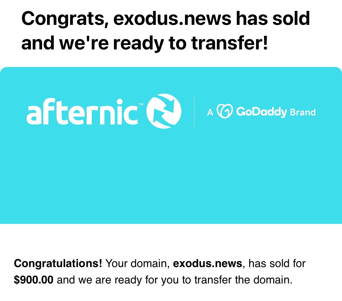 Exodus.news sold for $900 🙏 Thank you @afternic 🥰 Hand reg less than 6 month ago.