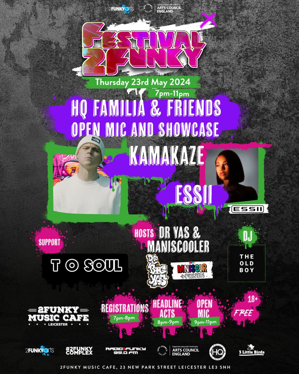 2funky Arts (@2funkyempire) on Twitter photo Don't miss the free open mic tonight, brought to you by <a href="/HQRecording/">HQ Recording</a> <a href="/drbigyas/">Dr Yasin El Ashrafi BEM, BCAa, FIEP</a>
All genres are welcome. Ages 18+
Location - <a href="/2funkymusiccafe/">2Funky Music Cafe</a>
Registration 7pm-8pm
Performances 8pm-9pm
Open Mic 9pm-11pm
Supported by <a href="/ace_midlands/">ACE Midlands</a> #openmic #leicester Don't miss the free open mic tonight, brought to you by <a href="/HQRecording/">HQ Recording</a> <a href="/drbigyas/">Dr Yasin El Ashrafi BEM, BCAa, FIEP</a>
All genres are welcome. Ages 18+
Location - <a href="/2funkymusiccafe/">2Funky Music Cafe</a>
Registration 7pm-8pm
Performances 8pm-9pm
Open Mic 9pm-11pm
Supported by <a href="/ace_midlands/">ACE Midlands</a> #openmic #leicester