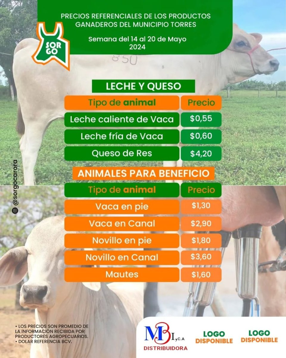 PRECIOS REFERENCIALES DE LOS PRODUCTOS GANADEROS DEL MUNICIPIO TORRES, ESTADO #LARA.

Semana del #14May al #20May

Fuente: Sociedad Regional de Ganaderos de Occidente (SORGO)  - Carora. Instagram @sorgocarora

#Venezuela #Ganadería #Precios #SORGO #AgroEconomía #CampoCafeCiudad