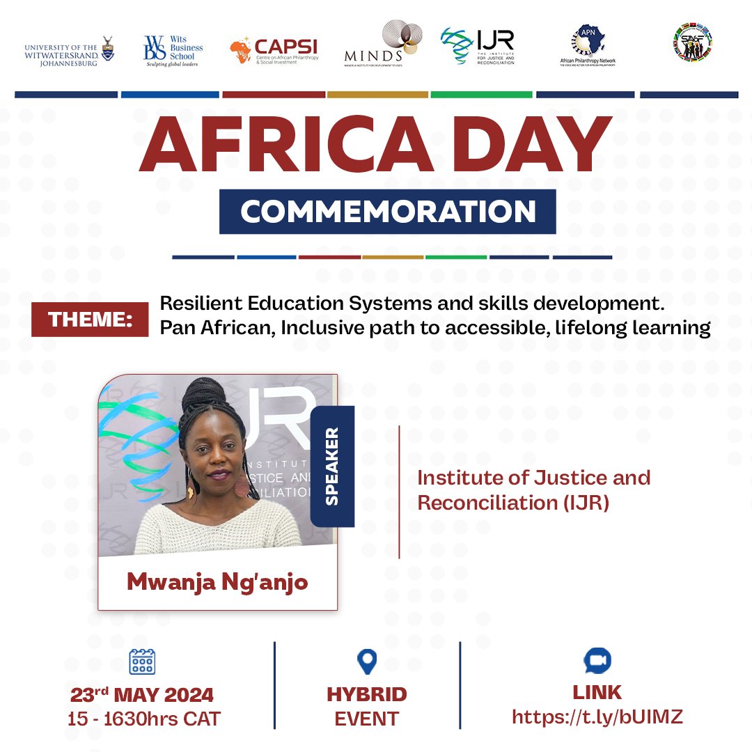 💡Africa Day Commemoration 2024 Speaker Spotlight 📣Mwanja Ng'anjo 📌Theme: Resilient Education Systems and skills development. Pan African, Inclusive path to accessible, lifelong learning. 🗒23 May 2024 ⏰1500hrs CAT 🔗Registration Link: zoom.us/webinar/regist…