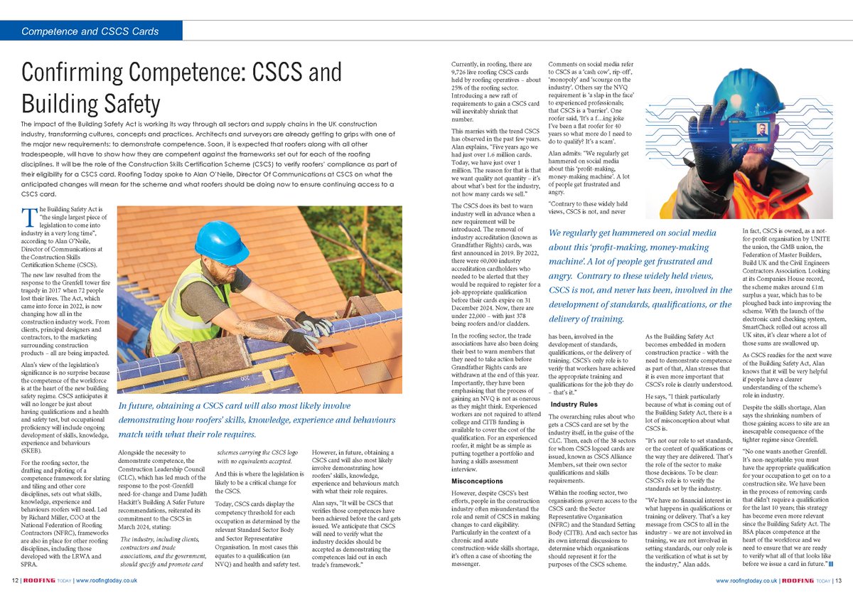 RoofingToday's tweet image. 📰 “We regularly get hammered on social media about this ‘profit-making, money-making machine’” says Alan O’Neile @cscs as he explains how #CSCS is reacting to the new requirements for #competence in May’s edition: roofingtoday.co.uk/wp-content/upl… (p12) #cscscards