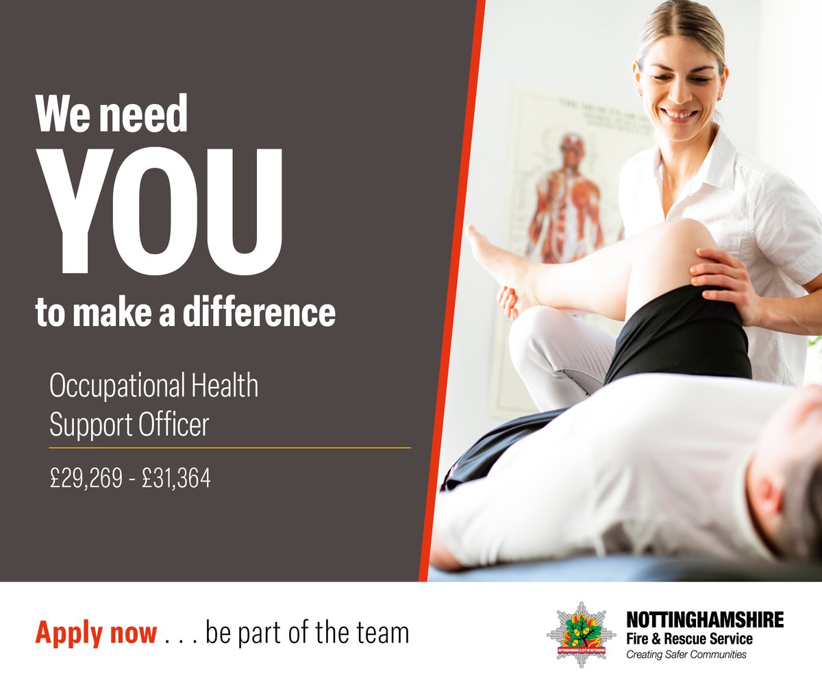 We are looking for an Occupational Health Support Officer. You will be responsible for undertaking health checks and medical screenings of our employees and participating in health promotion activities. notts-fire.gov.uk/careers/suppor…