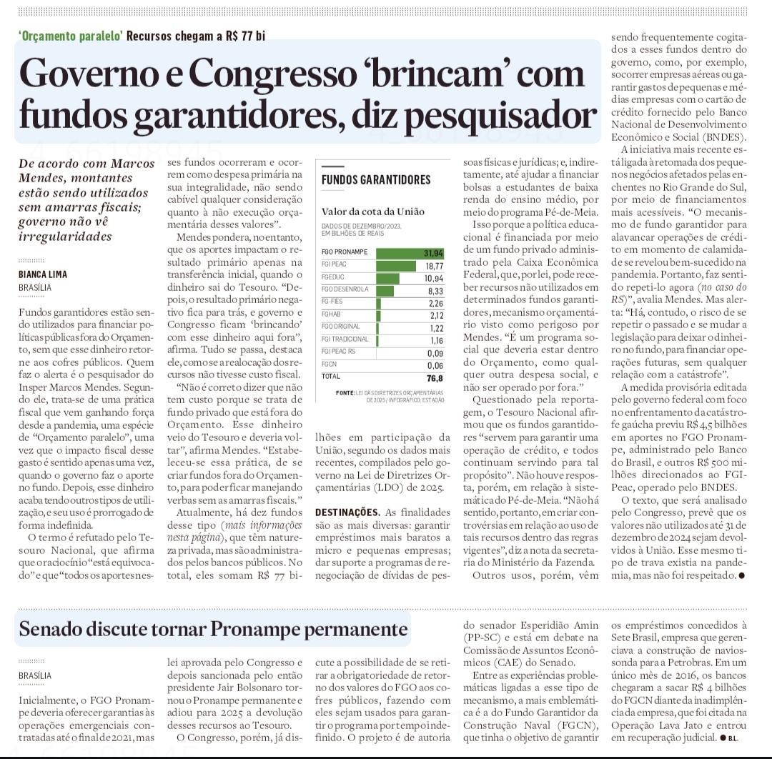 Entrevista ao Estadão sobre a excessiva liberalidade no uso de fundos privados irrigados com recursos públicos e geridos fora do orçamento.