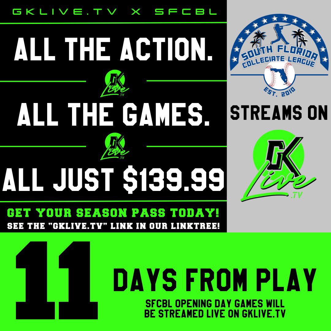 SFCBL_Official's tweet photo. Can’t make it to Santaluces Sports Complex for Opening Day? Don’t live in Florida or close enough to come watch your favorite player play? GKLIVETV has you covered! Get your season pass before Opening Day with the link in our bio!
•
#gklivetvpartner #sfcbl #newera #watchgameslive