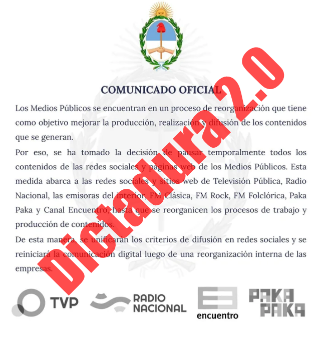 Dictadura 2.0: Gobierno Argentino Suspende Redes Sociales de Medios Públicos: radio10mardelplata.com.ar/index.php/dict… #Milei #CensuraDigital #tvpublica