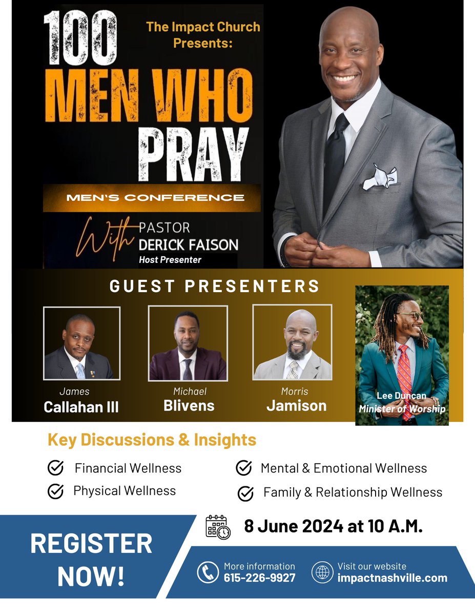 Excited to be hosting and speaking at our first Men's Conference entitled, "100 Men Who Pray". We have a whole day filled with discussions and insights designed to strengthen and heal men! Register Now: impactnashville.org  <a href="/derickspeaks/">Derick Faison</a>
