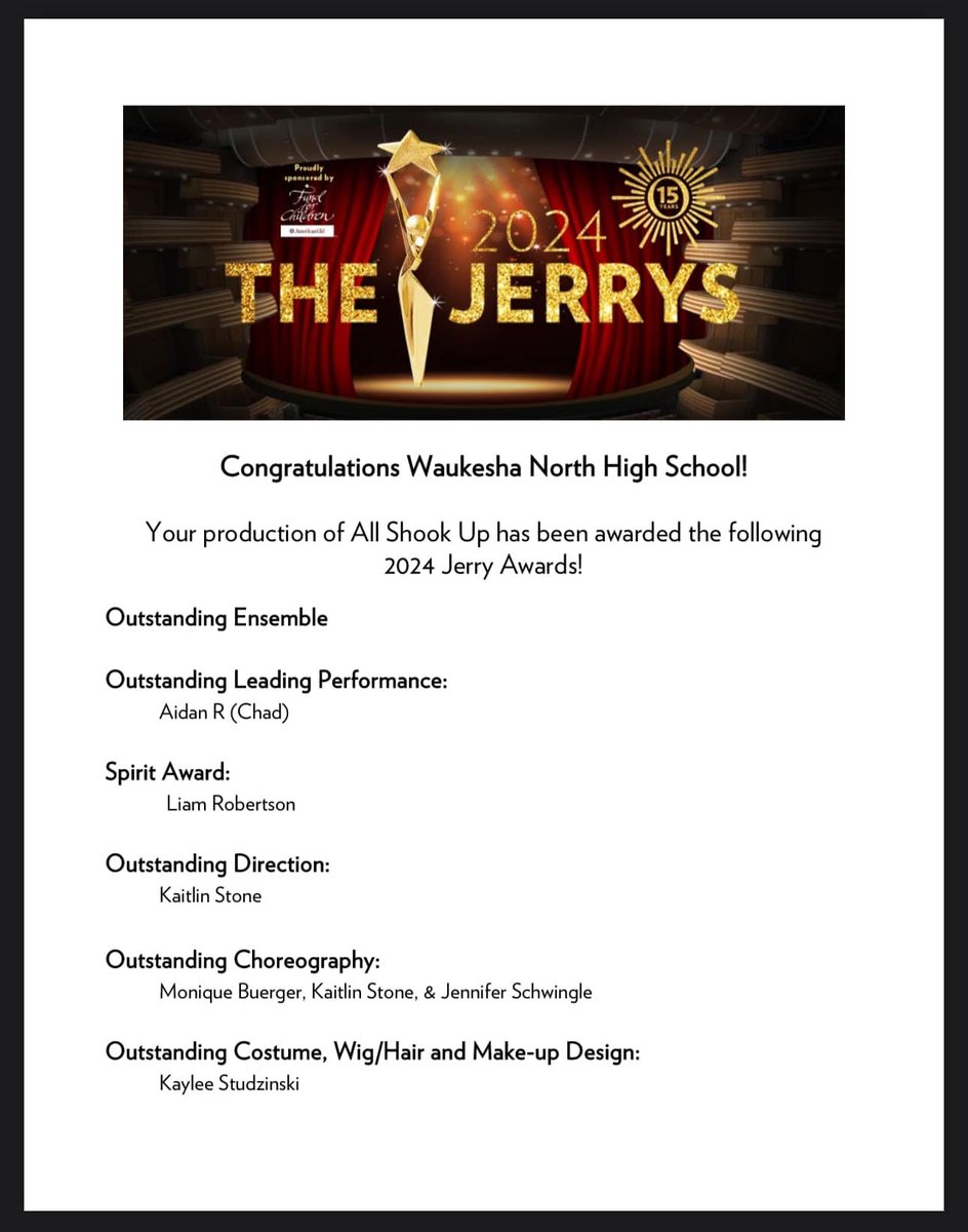 Congratulations to our Northstar Players for earning statewide Jerry Awards this year!