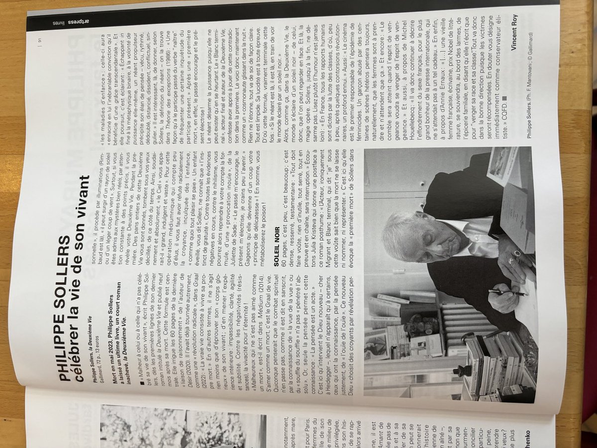 VincentROY5's tweet photo. Vous trouverez, dans le magazine Art press de juin 2024, mon article sur le superbe roman posthume de ⁦@PhilippeSollers⁩ intitulé « La deuxième vie » ⁦@Gallimard⁩ https://t.co/XHlOykeIiq
