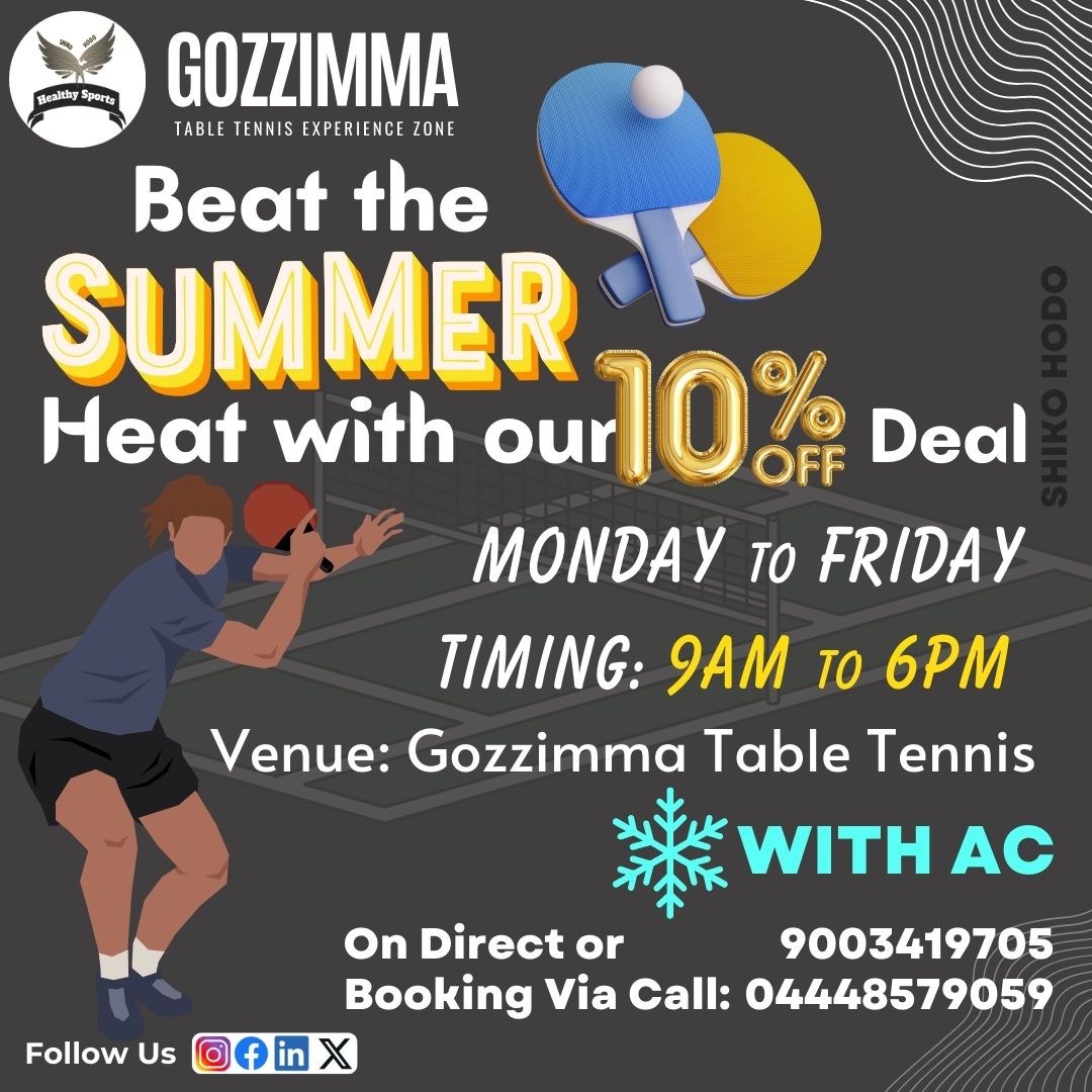Experience the best at Gozzimma! 🏓Enjoy our air-conditioned - AC table tennis courts and take advantage of our 10% off deal. Reserve your spot today! 

#TableTennis #Gozzimma #PlayInComfort #SpecialOffer #summeroffer #gozzimmaoffer