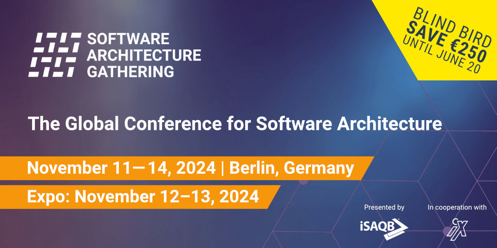 Software Architecture Gathering (@sag_conference) on Twitter photo 🌟 Exciting news for all #softwarearchitecture enthusiasts! 🌟
Registration for the <a href="/sag_conference/">Software Architecture Gathering</a> has officially started! If you buy your ticket until June 20, you can save €250 with our attractive Blind Bird Special. The ticket is valid for the main conference on November 12 🌟 Exciting news for all #softwarearchitecture enthusiasts! 🌟
Registration for the <a href="/sag_conference/">Software Architecture Gathering</a> has officially started! If you buy your ticket until June 20, you can save €250 with our attractive Blind Bird Special. The ticket is valid for the main conference on November 12