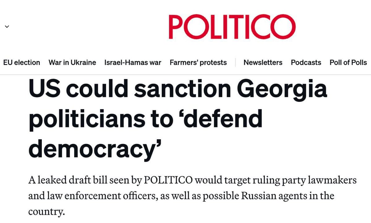 The US may sanction elected Georgian politicians who vote against outsourcing the management of their civil society to US/EU 'NGOs' - The narrative: The Georgian Parliament is supporting a 'Russian law' that prevents the US/EU from 'promoting democracy' politico.eu/article/us-san…