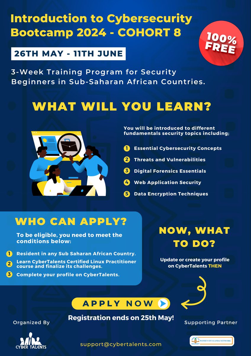 🔔Are you interested in enhancing your cybersecurity skills? @Cyber_Talents is organising a Cybersecurity Bootcamp to help you enhance your knowledge on essential cybersecurity concepts & data encryption techniques. Register here👇 bit.ly/ct-bootcamp-co…