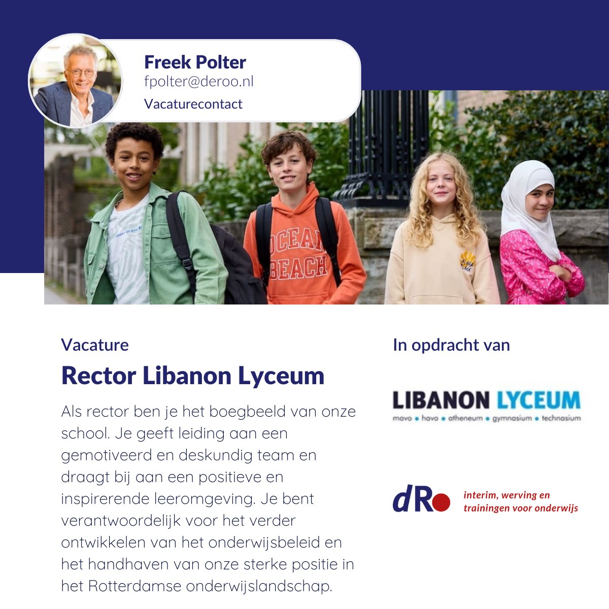 DeRoo_bv's tweet photo. Voor het Libanon Lyceum in Rotterdam zijn wij op zoek naar een Rector.
https://t.co/oaEXP1nUTo
#vacature #onderwijs #rector #libanonlyceum #rotterdam https://t.co/ZgGEnMirVn