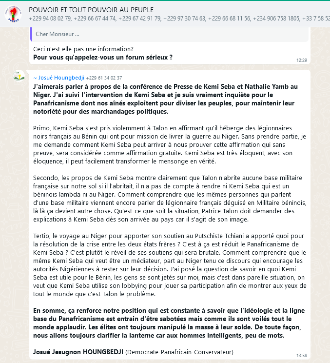 Oups🤭! 
Suite à la conférence des pseudo-panafricains, Nathalie Yamb et Kemi Seba, les Nigériens🇳🇪 s’inquiètent des messages qui amènent la division véhiculer par ces derniers.
@Mohbams9 @MaixSOME @JeanB_Zongo
#Niger #Bénin #AES #cotedivoire