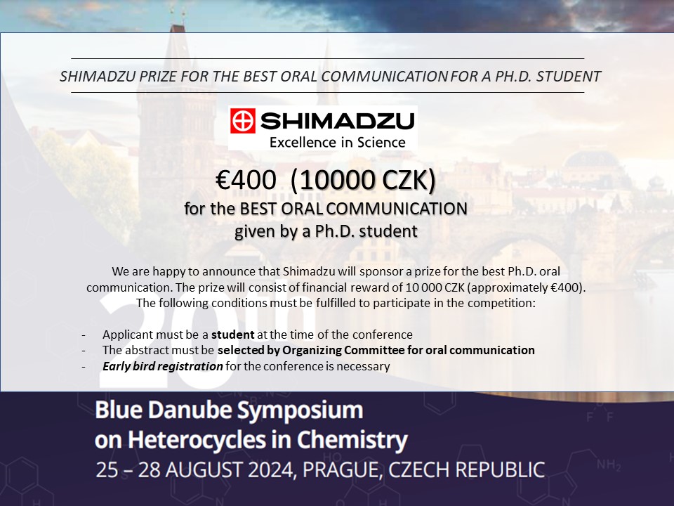 Rycek_Lab (@rycek_lab) on Twitter photo Register for Early Bird and compete to win the Shimadzu Prize for the best Ph.D. oral communication at the Blue Danube Symposium on Heterocycles in Chemistry bdshc24.cz! Do not miss the deadline! #chemistry <a href="/science_charles/">Faculty of Science of Charles University</a>
<a href="/CharlesUniPRG/">Charles University</a>
#conference <a href="/Shimadzu/">Shimadzu</a> Register for Early Bird and compete to win the Shimadzu Prize for the best Ph.D. oral communication at the Blue Danube Symposium on Heterocycles in Chemistry bdshc24.cz! Do not miss the deadline! #chemistry <a href="/science_charles/">Faculty of Science of Charles University</a>
<a href="/CharlesUniPRG/">Charles University</a>
#conference <a href="/Shimadzu/">Shimadzu</a>