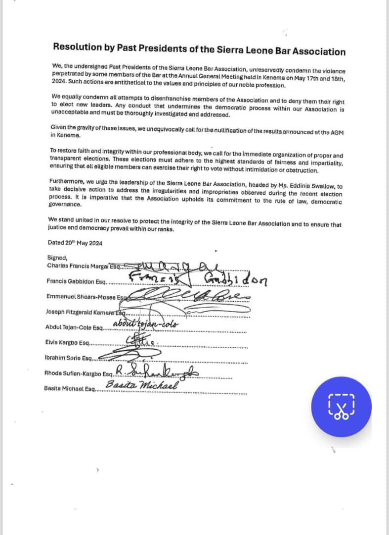 Nine past Presidents of #SierraLeone Bas Association unreservedly condemn the violence and disenfranchisement at the AGM in Kenema on May 17-18, 2024. Such actions they say are antithetical to the legal profession's values. We call for the nullification of the election results