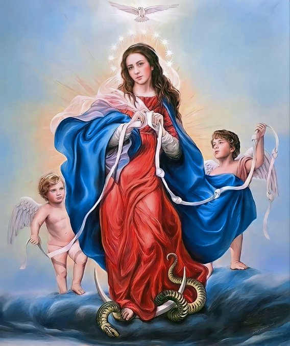 Oh, queridísima Virgen María,
desatanudos, Madre de Dios 
y Madre nuestra, desata todos 
los problemas confusos, 
desata los nudos de toda 
relación rota, y acércanos 
más al amor de Dios.

¡Nuestra Señora Desatadora 
de Nudos, ruega por nosotros!