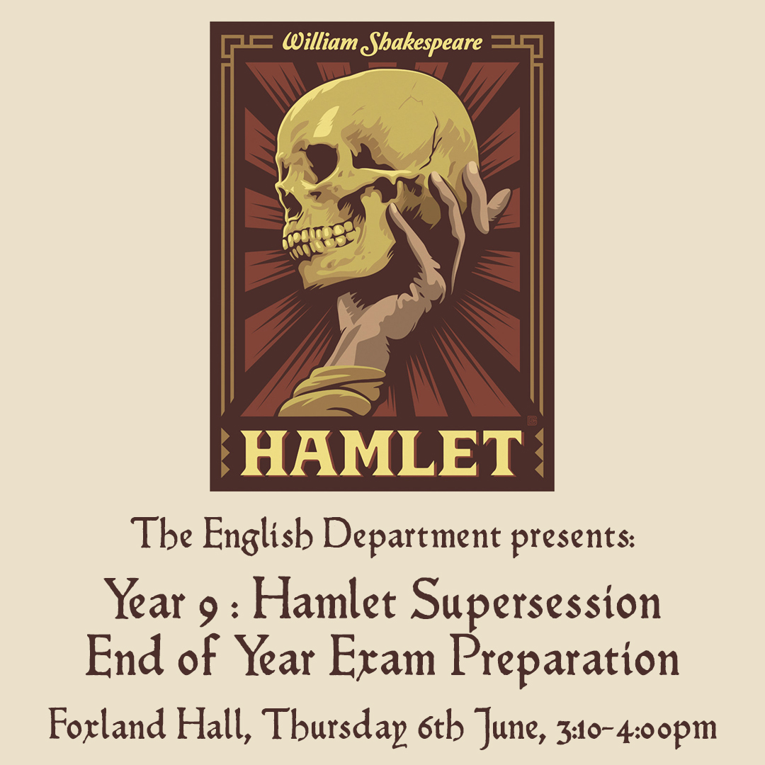 kw_sch's tweet photo. 💀 | Join us for a @KW_EnglishDept Hamlet Supersession, helping Year 9 with their end of year exam preparation.
Foxland Hall Thursday 6th June, 3:10-4:00pm https://t.co/65sAYloYRm