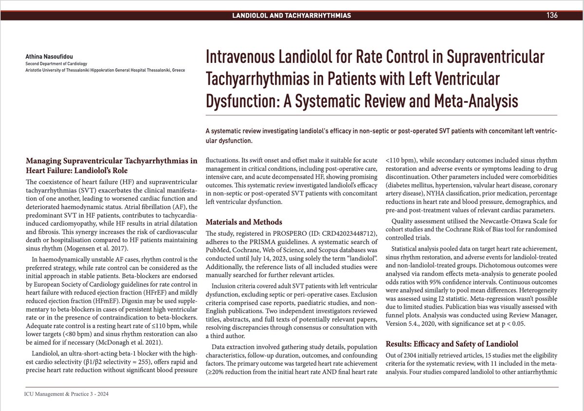 New study reveals landiolol's effectiveness in managing SVT in heart failure patients. This ultra-short-acting beta-1 blocker achieves target heart rate in 75% of patients with left ventricular dysfunction, outperforming other antiarrhythmics. Read more: iii.hm/1qcc