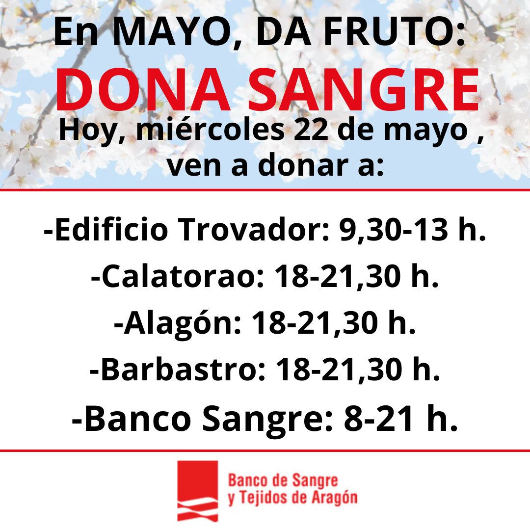 BncSangreAragon's tweet photo. ¡Miércoles, 22 de mayo! Ven a 𝗱𝗼𝗻𝗮r 𝘀𝗮𝗻𝗴𝗿𝗲:
📷 Edif #trovador 9,30 a 13h
📷Acuartelamiento #sanchezramirez 9,30 a 13h
📷 #Barbastro C. Congresos 18 a 21,30h
📷 #Alagón Auditorio 18 a 21,30h.
📷#calatorao Asociaciones 18 a 21,30h
📷𝗕𝗔𝗡𝗖𝗢 𝗗𝗘 𝗦𝗔𝗡𝗚𝗥𝗘 𝟴 𝗮 𝟮1 https://t.co/kyannFWDeP