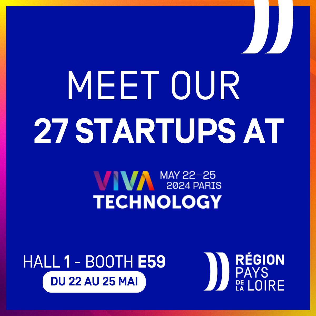 🚀 La Région sera présente au salon #VivaTech à Paris Expo Porte de Versailles ! Du 22 au 25 mai, rendez-vous sur le Pavillon régional (stand E59 Hall1) pour rencontrer les 27 start-ups pépites des Pays de la Loire. ➡ En parallèle, la Région accompagne une délégation de 14