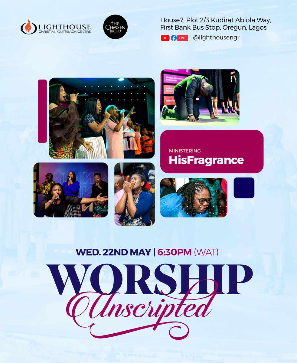lighthousengr's tweet photo. If you had no restrictions, how will you go about worshipping God?
Weโll love to have you as our guest at House7 tomorrow, as we render unscripted worship to our Beloved Saviour & King!
#UnscriptedWorship
#LighthouseNGR https://t.co/N7dyrLyCgv
