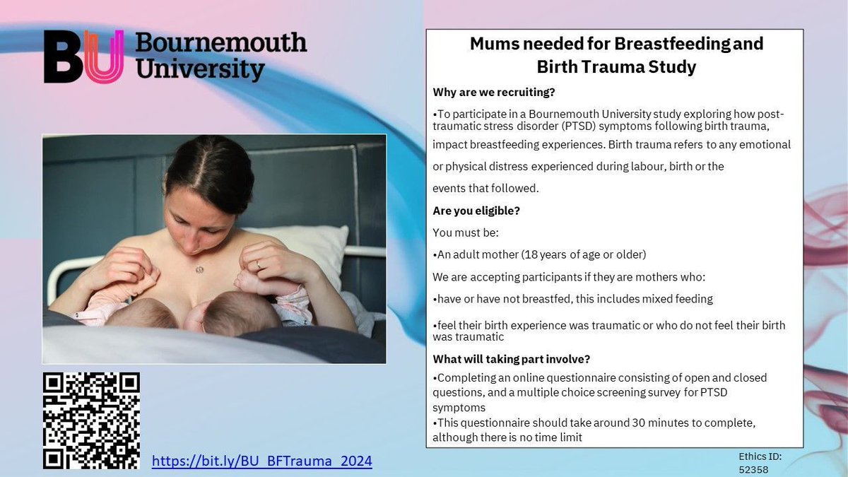 Please can you help my @bournemouthuni PhD student Abi Wheeler with this study focusing on impact of birth trauma on breastfeeding. 
We're launching in #maternalmenalhealthawarenessweek!

@PMHPUK @BirthTrauma @Prof_AmyBrown @MMHAlliance @BU_Research 
bit.ly/BU_BFTrauma_20…