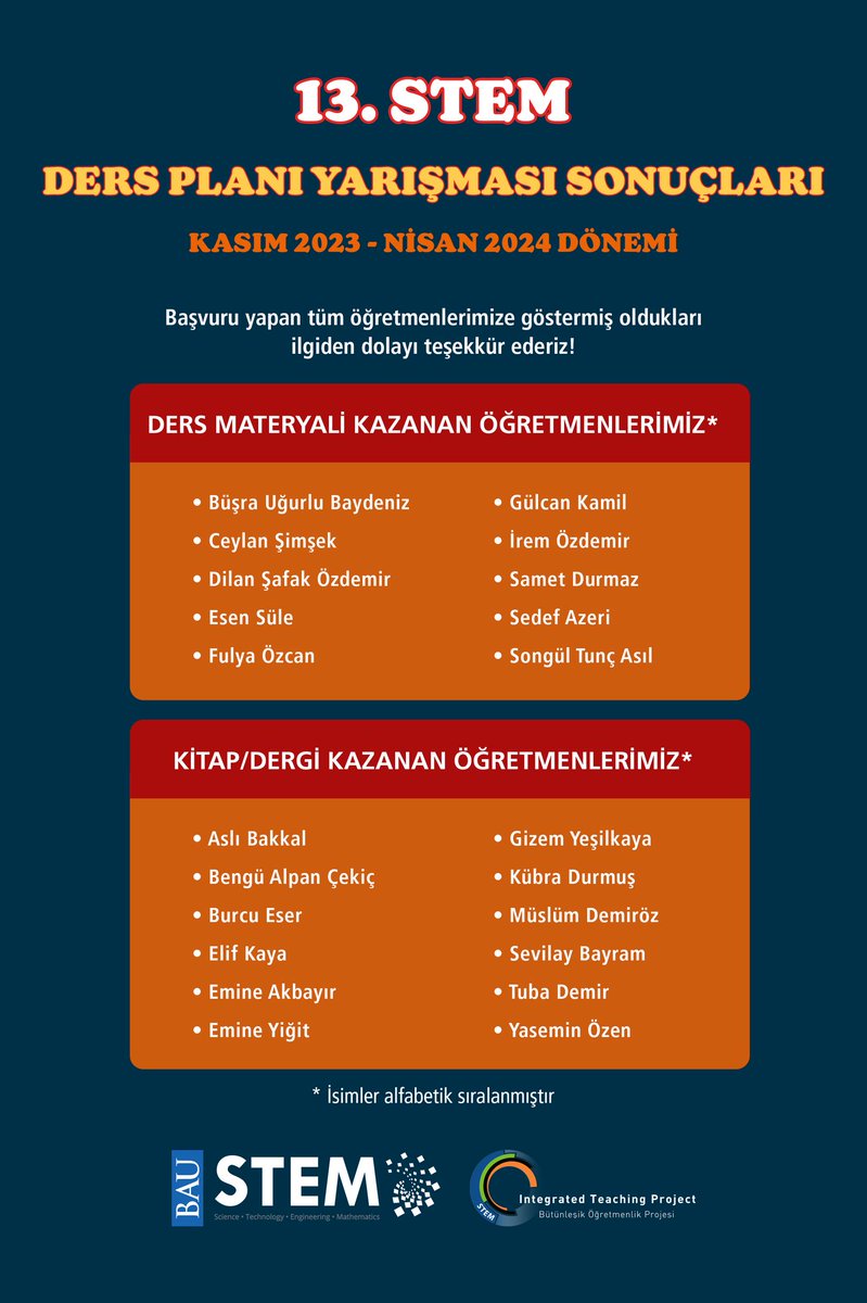 2023-2024 eğitim öğretim yılı 13. STEM Ders Planı Yarışmasında ödül kazanan öğretmenimiz Esen Süle'yi tebrik ederiz. 💙❤