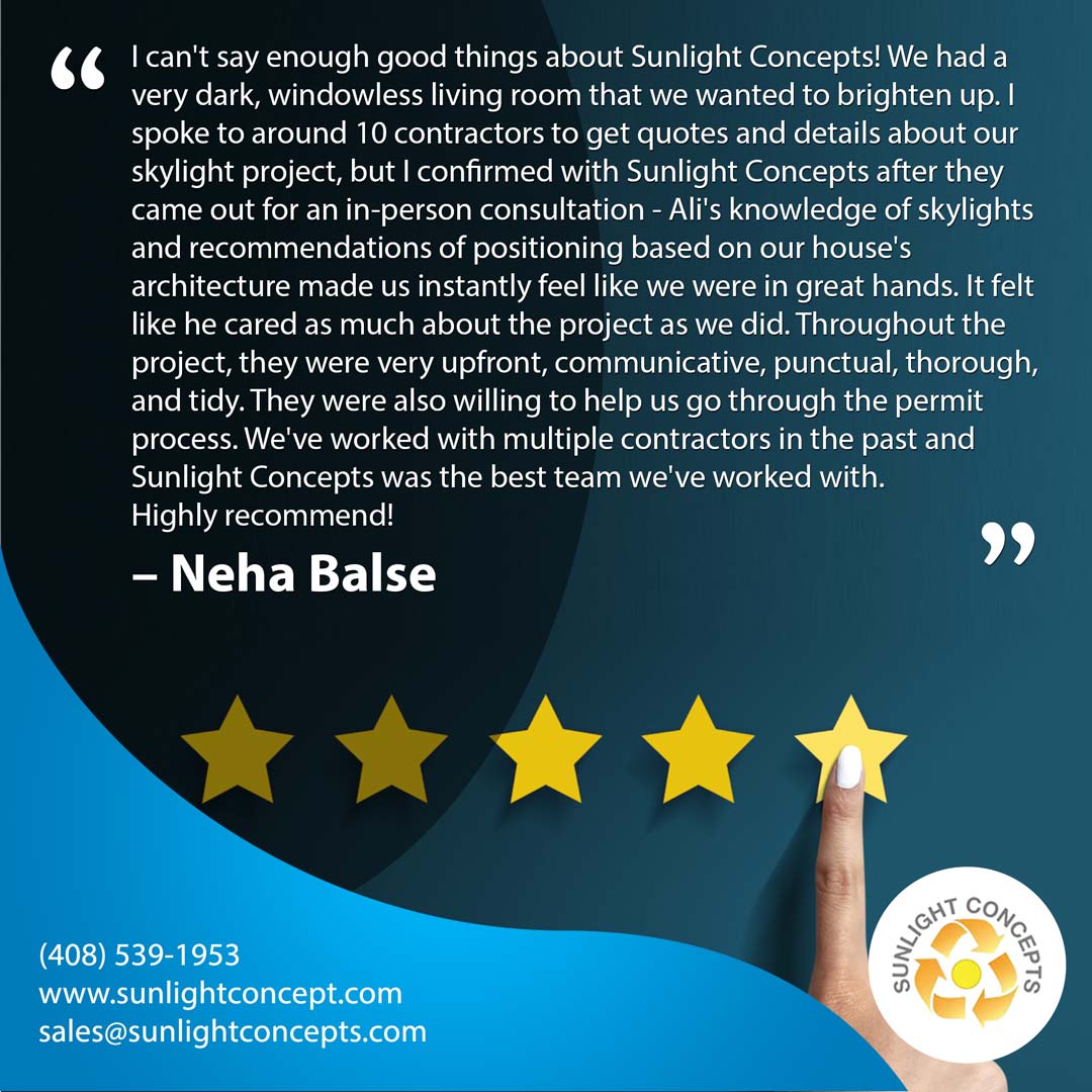 Sunlight Concepts transformed our dark living room! Ali's expertise, clear communication, punctuality, and thoroughness made this the best contractor experience we've had. Highly recommend! – Neha Balse.

#Testimonials #ReviewUs #ClientTestimonials #ClientReviews #ClientReview