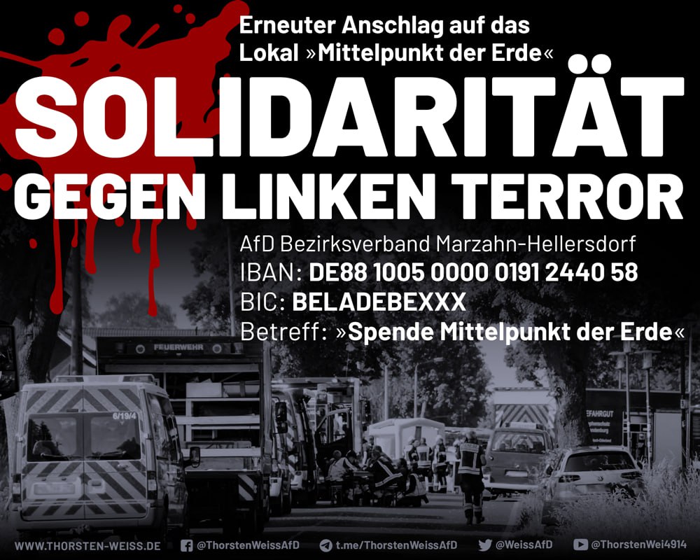 Erneut linker Terror gegen das Lokal 'Mittelpunkt der Erde'. Erneut entstand ein massiver Schaden. Erneut brauchen die Betreiber unsere Solidarität in Form einer Spende, um dem linken Terror auch weiterhin standhalten zu können. #SolidaritätgegenLinks #AfD