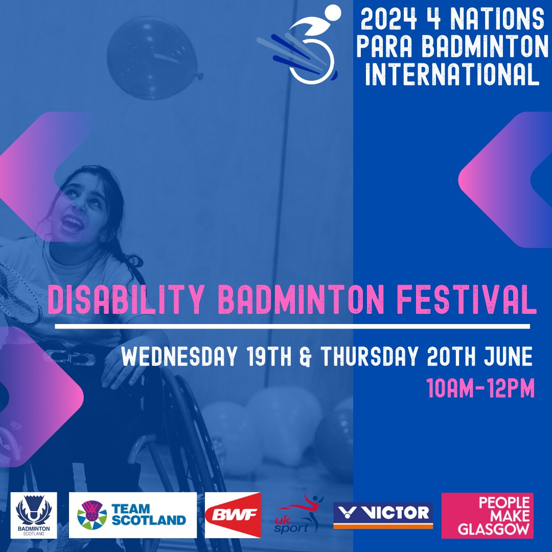 Join us for the first of our 4 Nations Para development activities - Disability Badminton Festival! 🏸 📆Wednesday 19th & Thursday 20th June 10am-12pm 📍Emirates Arena Open to disabled young people aged 8-17. Find out more here 👇 shorturl.at/tRq6U