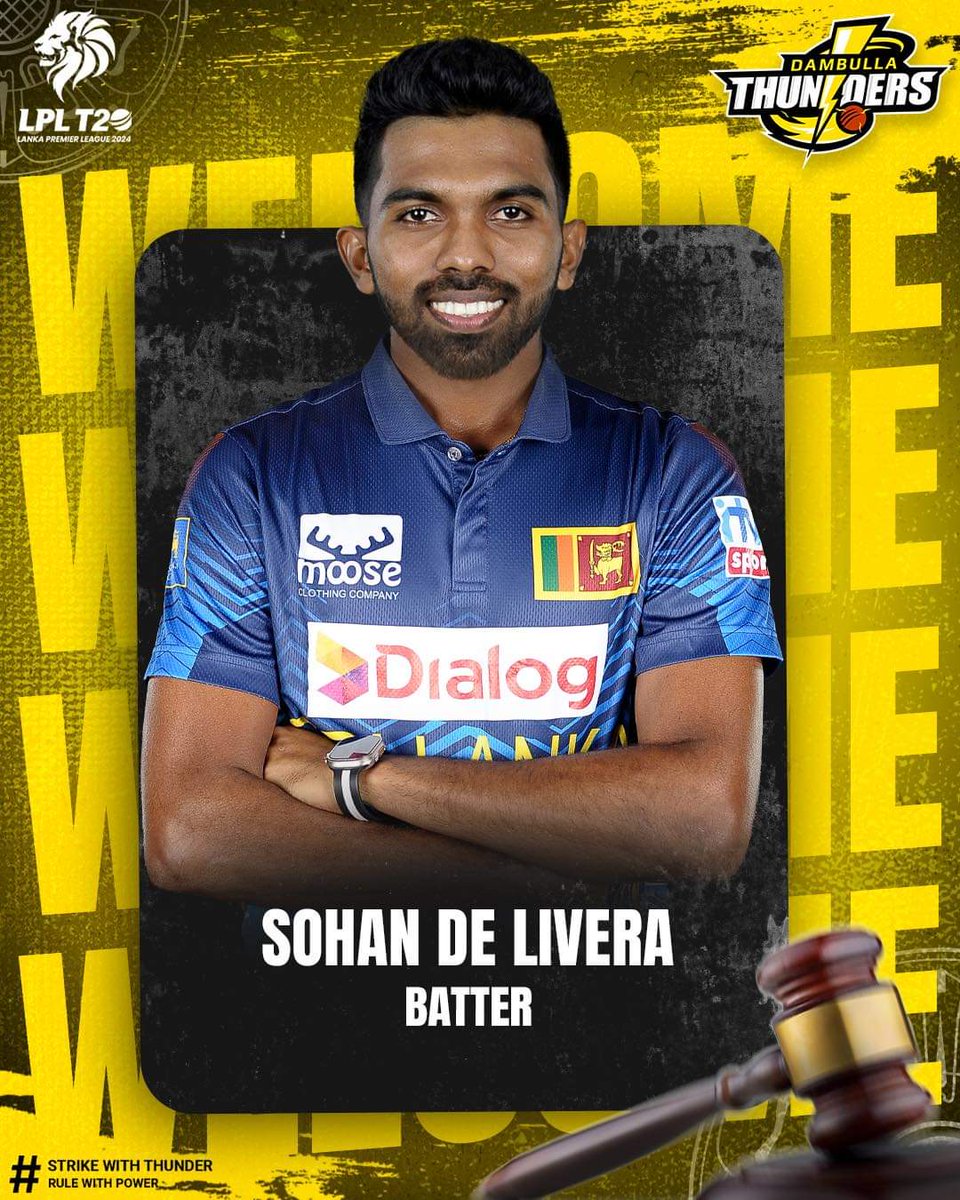 dambullalpl's tweet photo. Young and exciting batter Sohan de Livera is our next pick from the auction 💛⚡️

We are extremely excited to have him in our ranks 😎

#LPL2024 #DambullaThunders #Strikewiththunder #Rulewithpower https://t.co/mKT4oemj7V