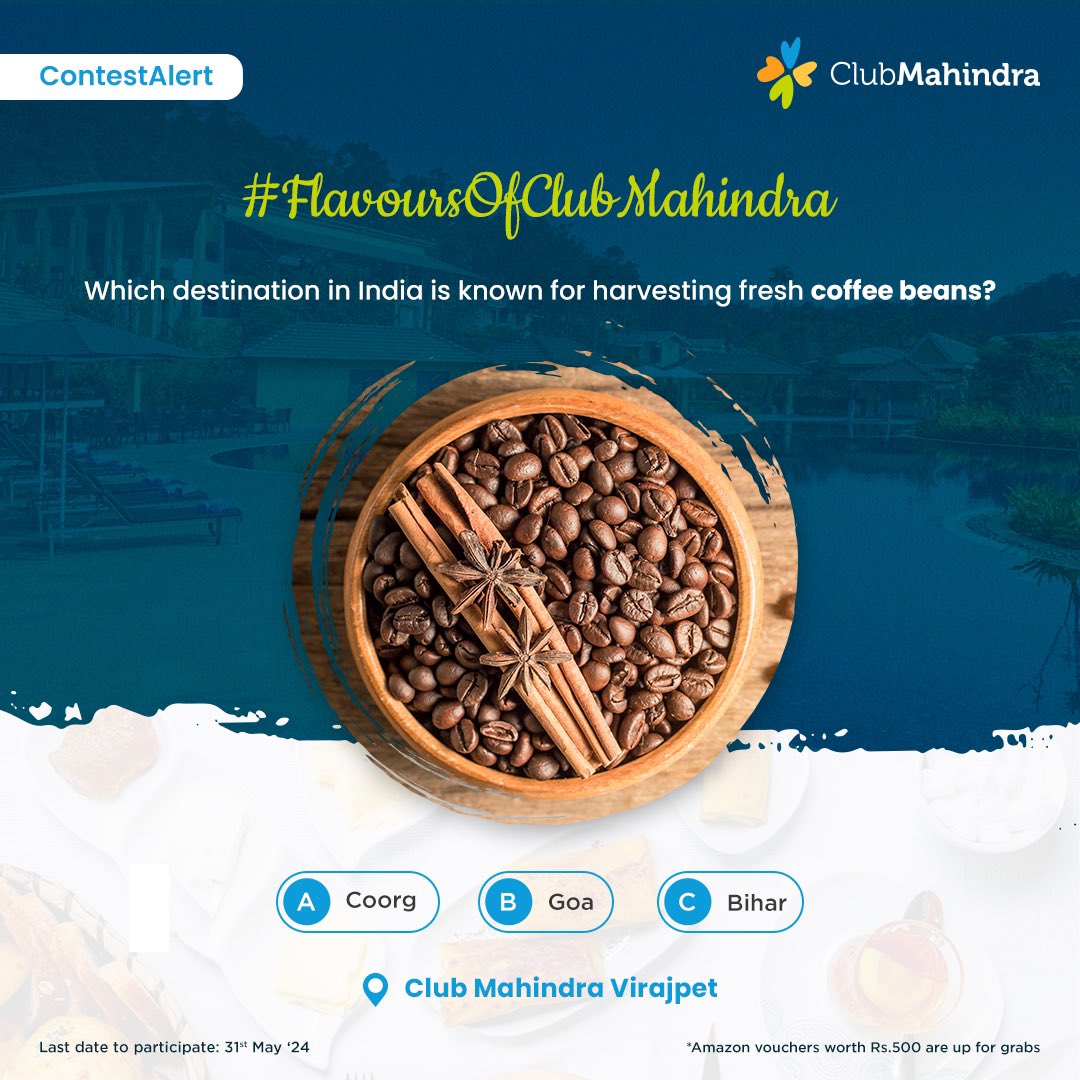 #ContestAlert 5 of 15 Participate in all #FlavoursOfClubMahindra contest posts & win.​ STEPS 1) Commenting using #FlavoursOfClubMahindra & tagging 4 friends and @clubmahindra is mandatory​​ 2)Participate in all 15 contest posts Winners get Amazon vouchers worth INR 500 each.