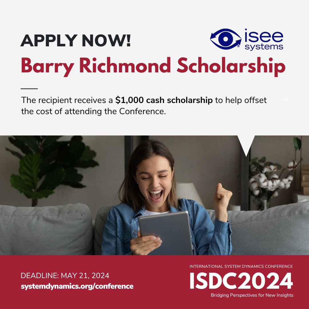 📣 APPLY NOW! Barry Richmond Scholarship Deadline Extended to May 21 📅 Presented by @iseesystems to a deserving practitioner demonstrating a desire to expand the field. 🔗 Learn more: ow.ly/VkpJ50RL2zC #SystemDynamics #systemsthinking #ISDC2024