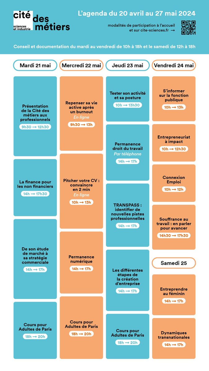 📆 Au programme cette semaine :
✅ Entretiens de conseils anonymes sans RDV 🗣️👂 buff.ly/3uLEpnD 
✅ Ateliers collectifs 👇 buff.ly/2ZnQ5JP
✅ Ressources documentaires à emprunter gratuitement ! <a href="/bibliothequeBSI/">Bibliothèque - Cité des sciences et de l'industrie</a>
✅ Espaces de travail, PC et WIFI en accès libre