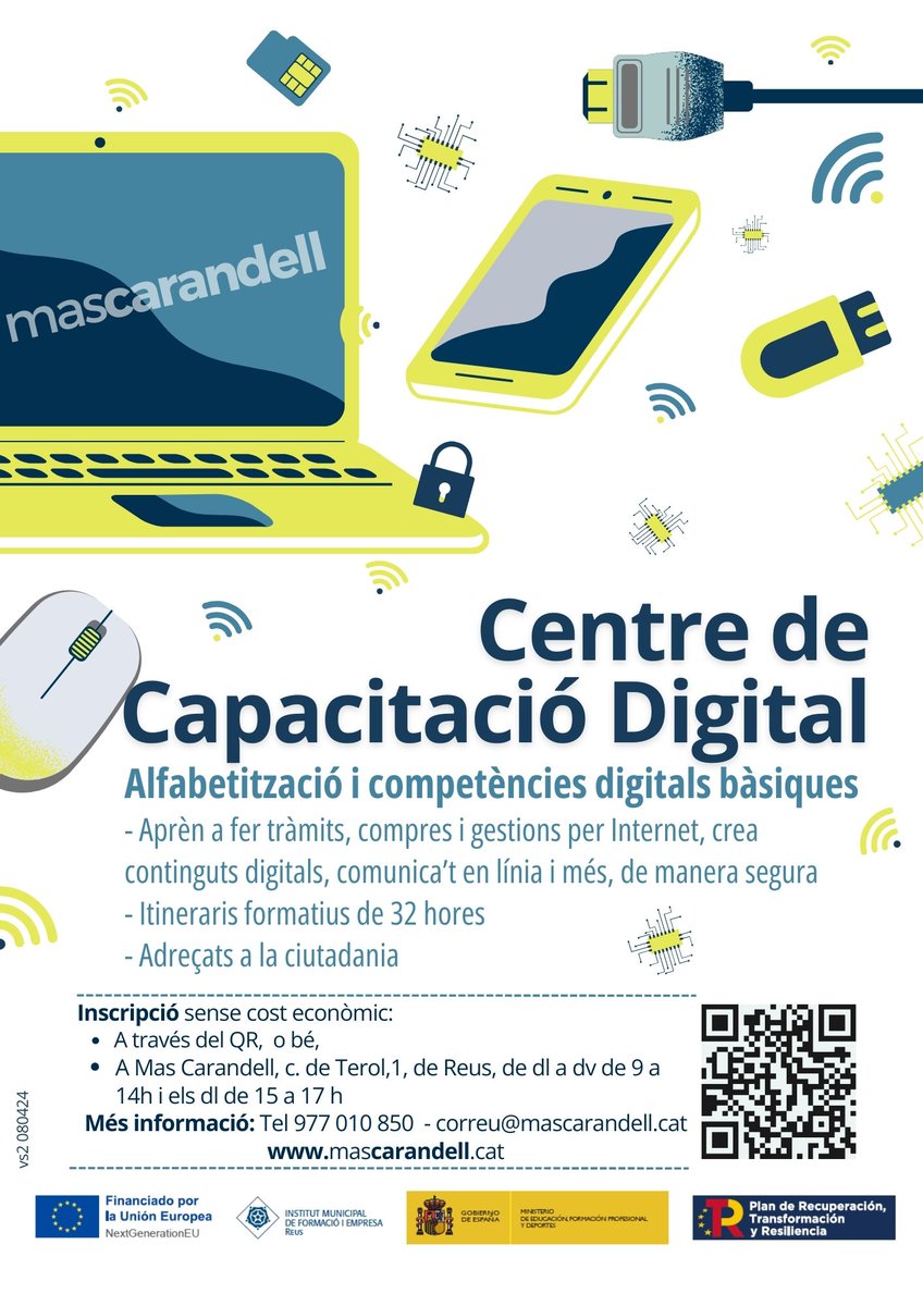 ℹ Sessió informativa sobre #cursos subvencionats de Capacitació i alfabetització digital 🖥️
🗓️ Dc. 29/05, a les 10h,  a #MasCarandell
➡️ Adreçada a la ciutadania
➡️ Accés lliure sense inscripció
#formació #TIC #autonomiadigital #ods4 #NextGenerationUE #NextGenerationReus